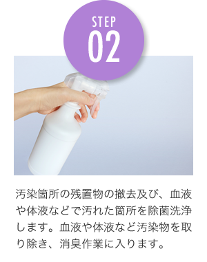 汚染箇所の残置物の撤去及び、血液や体液などで汚れた箇所を除菌洗浄します。血液や体液など汚染物を取り除き、消臭作業に入ります。